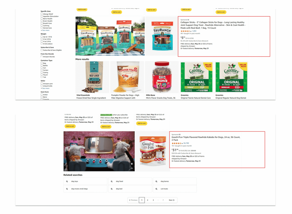 Amazon search result, middle or bottom placement of Sponsored Products