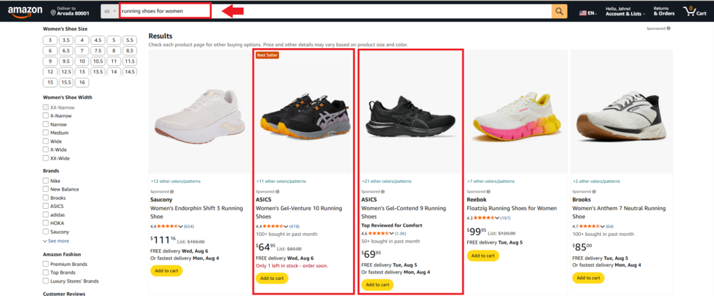 Amazon search results for running shoes for women