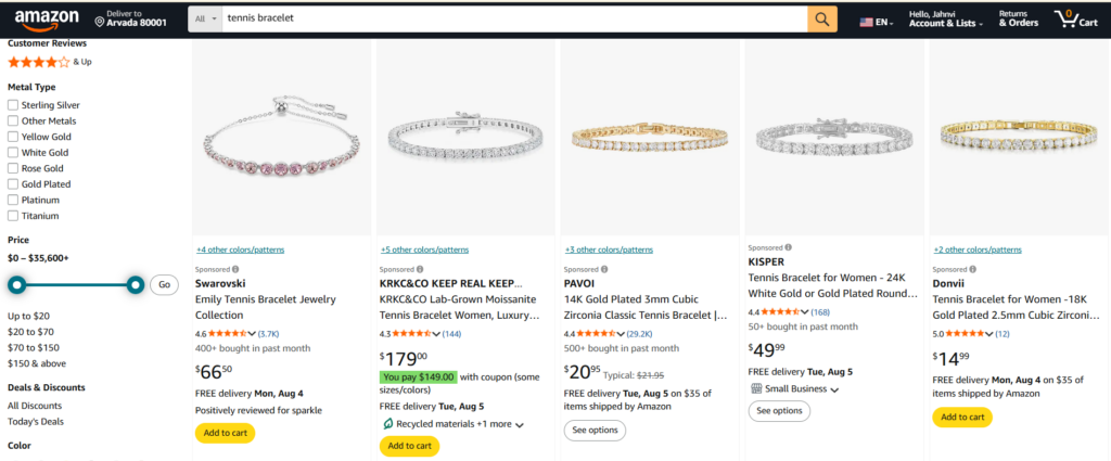Amazon search results for tennis bracelet