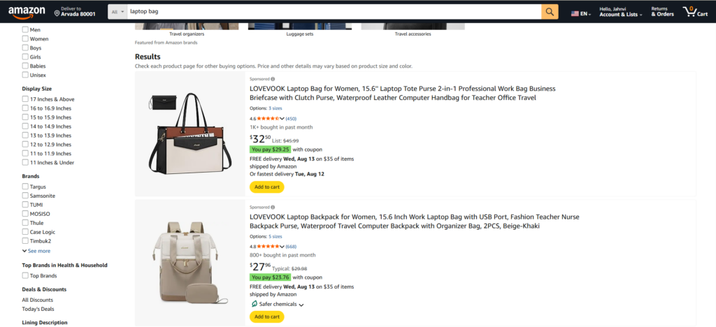 Amazon search results page