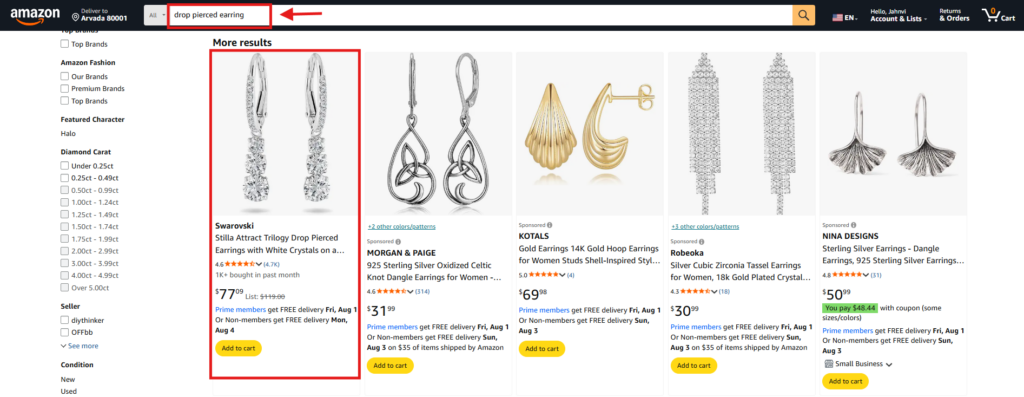 Amazon search results showing Swarovski earrings at the top for drop pierced earring