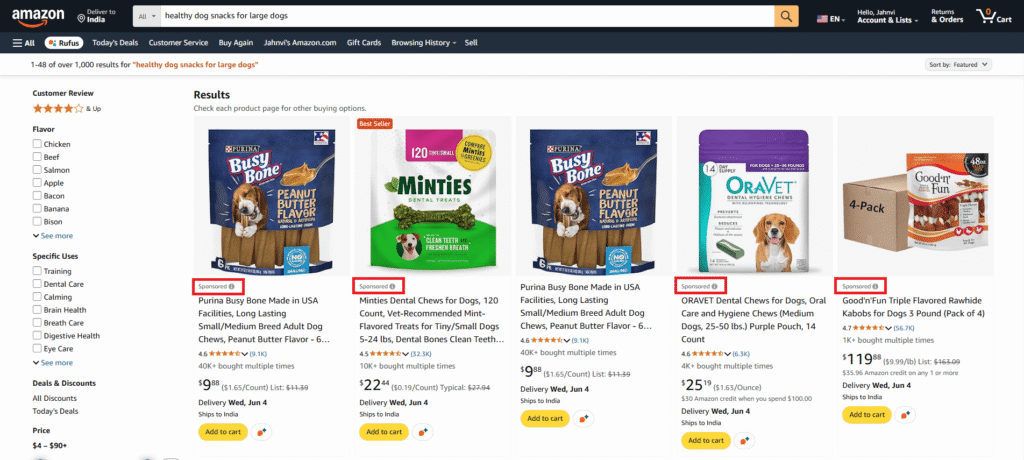 Amazon search results with sponsored product listings