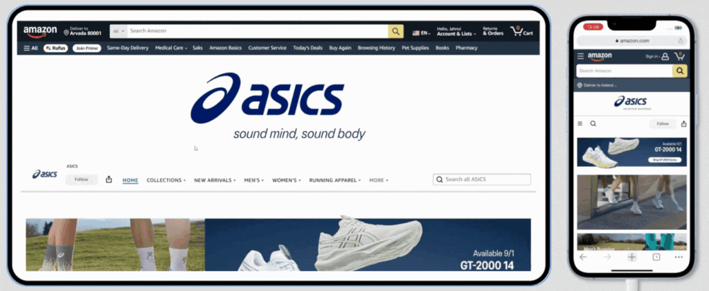 Asics Amazon Storefront on desktop and mobile