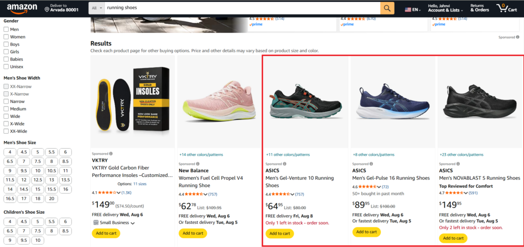 Asics in Amazon search results