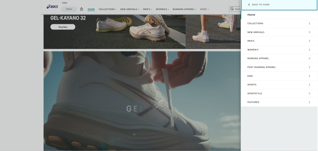 Asics side navigation panel
