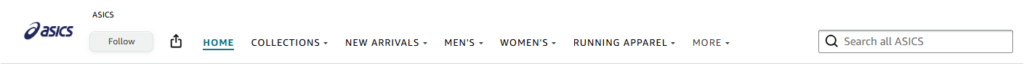 Asics top navigation menu showing categories