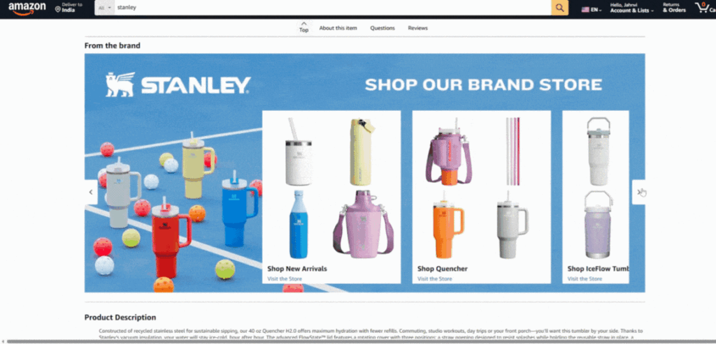 Brand storytelling section on Stanley’s Amazon Storefront featuring product range categories and “Who We Are”.