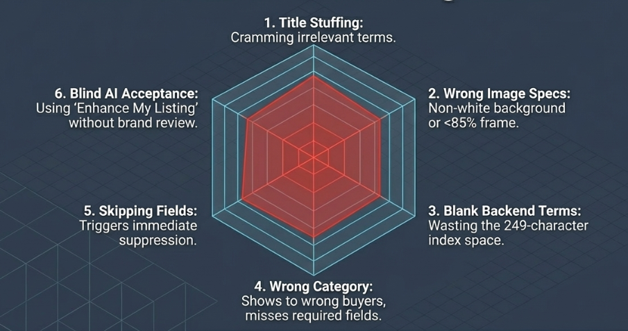 Diagram showing common Amazon listing mistakes