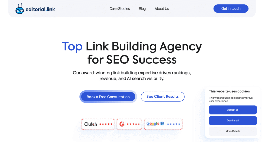 Editorial Link agency website selling individually priced backlinks