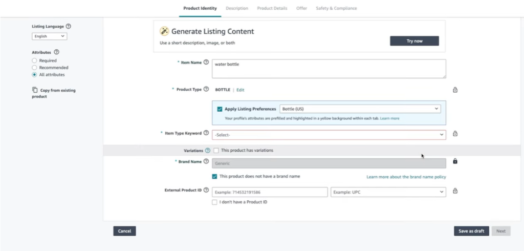 Entering essential product details in Amazon listing form