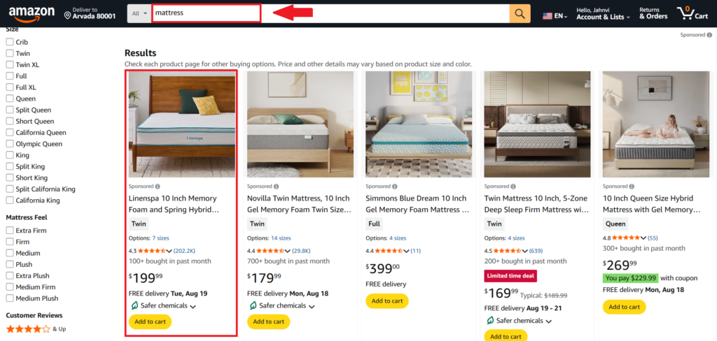 Linenspa Sponsored Mattress Listing in Amazon Search Results for mattress query.