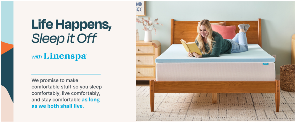 Linenspa Storefront hero section with Life Happens, Sleep It Off tagline