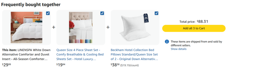 Linenspa bundle showing comforter, sheet set, and pillows with total pricing