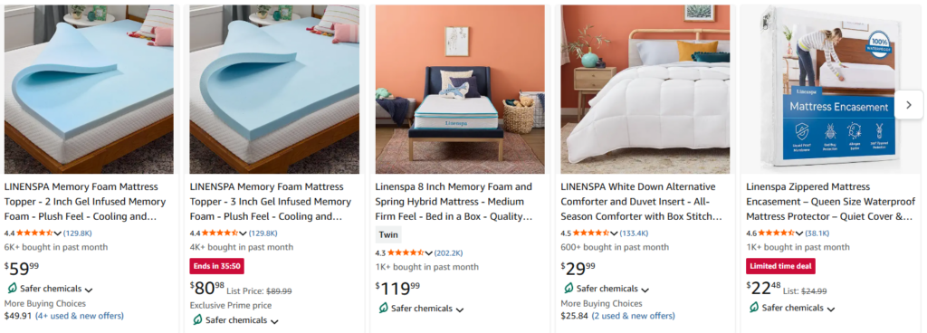 Linenspa product pricing showing range of mattress and bedding products