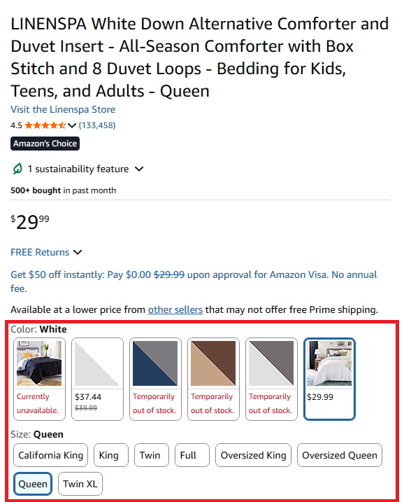 Linenspa sizes and color selection
