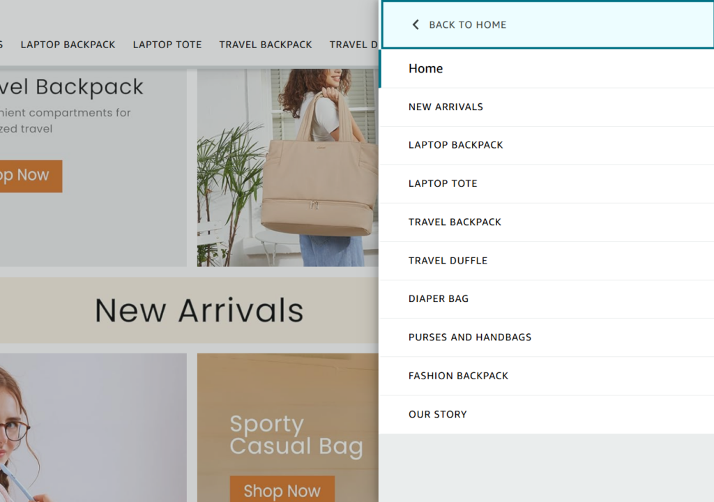 Lovevook expanded navigation menu