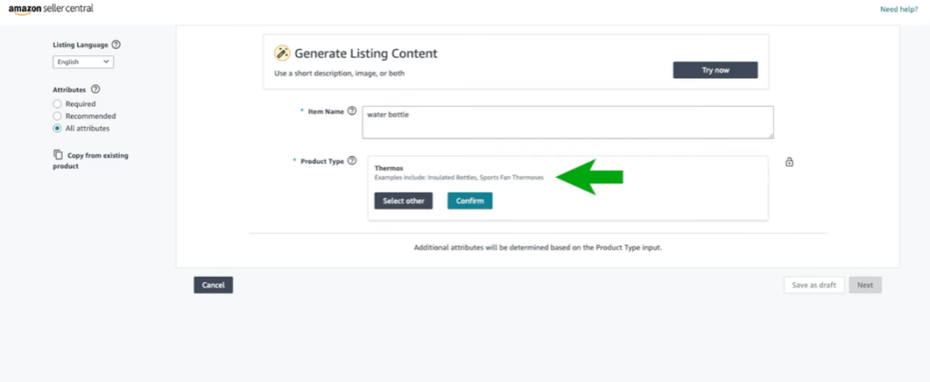 Selecting correct product category within Amazon listing interface