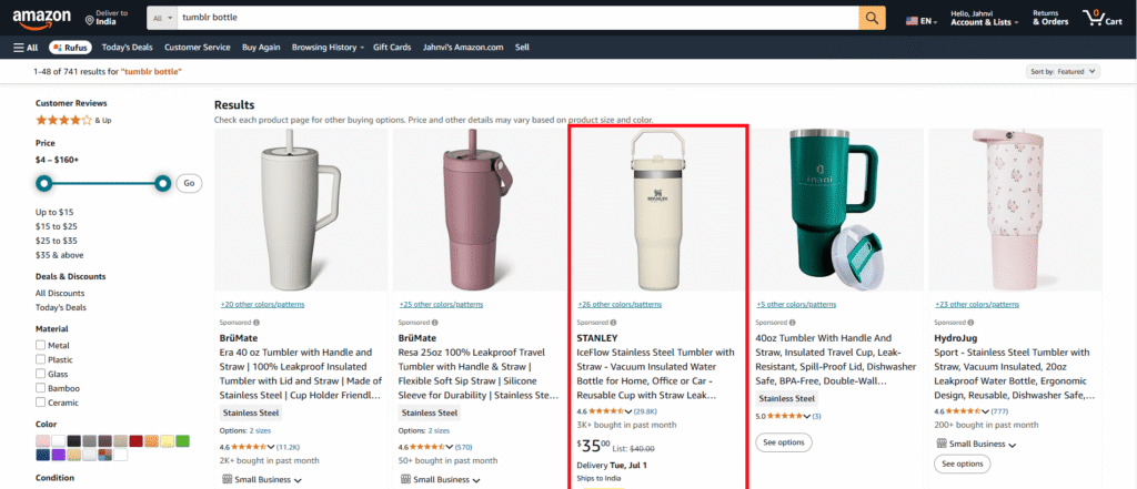Sponsored listing of Stanley’s IceFlow tumbler in Amazon search results for “Tumbler bottle”
