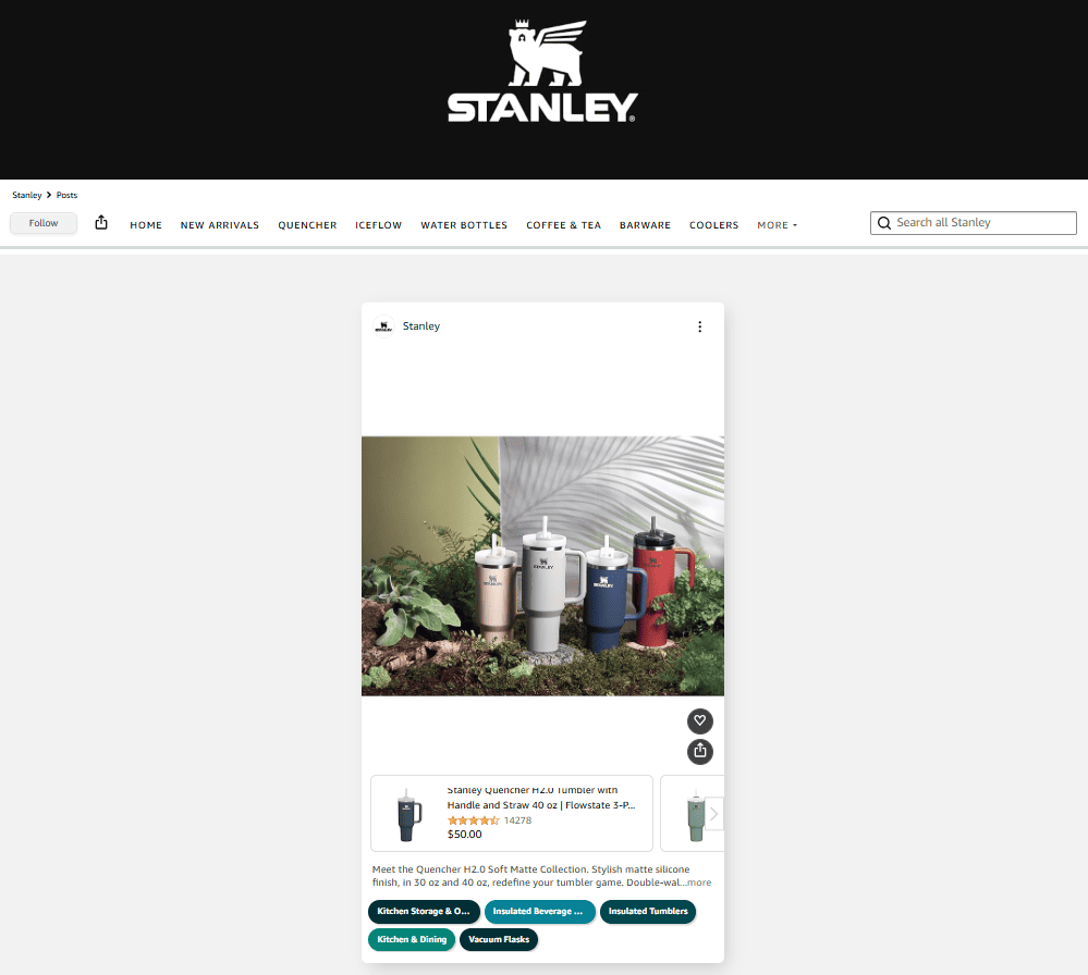 Stanley’s timeline post featuring Quencher tumblers in a leafy garden setting