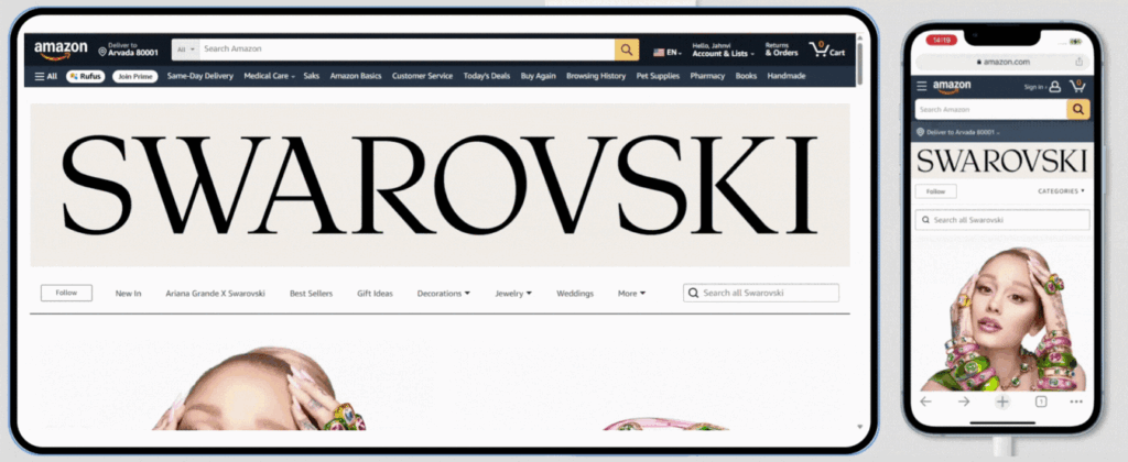 Swarovski Amazon Storefront on desktop and mobile
