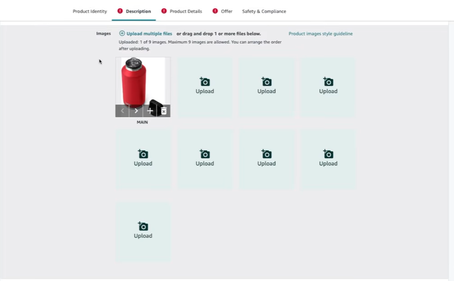 Uploading product images within Amazon listing interface dashboard