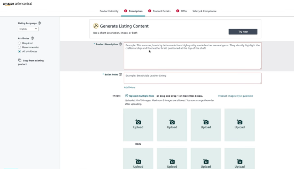 Writing product description and bullet points in listing form