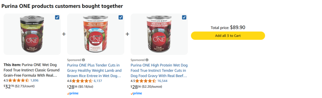 Purina ONE showing related pet food variants bought together