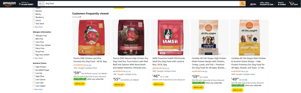 Purina ONE's Product appearing in 'Customers frequently viewed' carousel