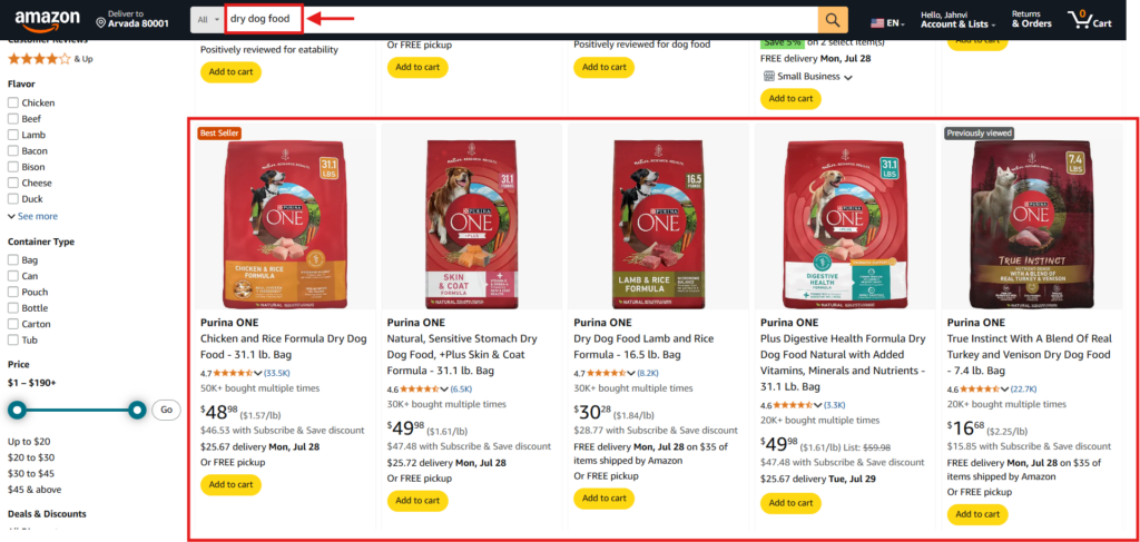 Purina ONE keyword ranking in Amazon Search Snippet