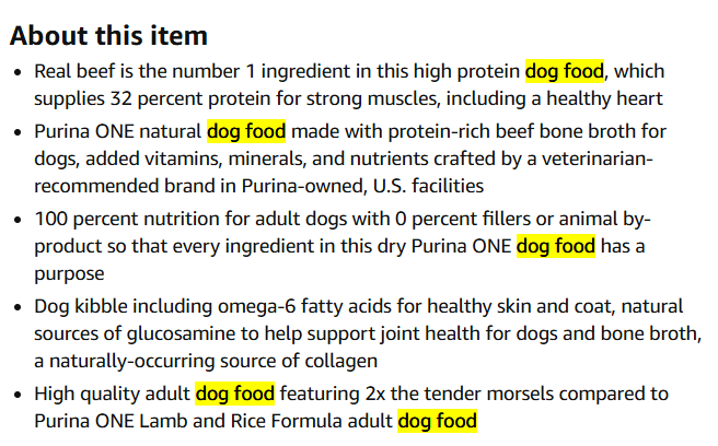 Purina ONE product description search term usage