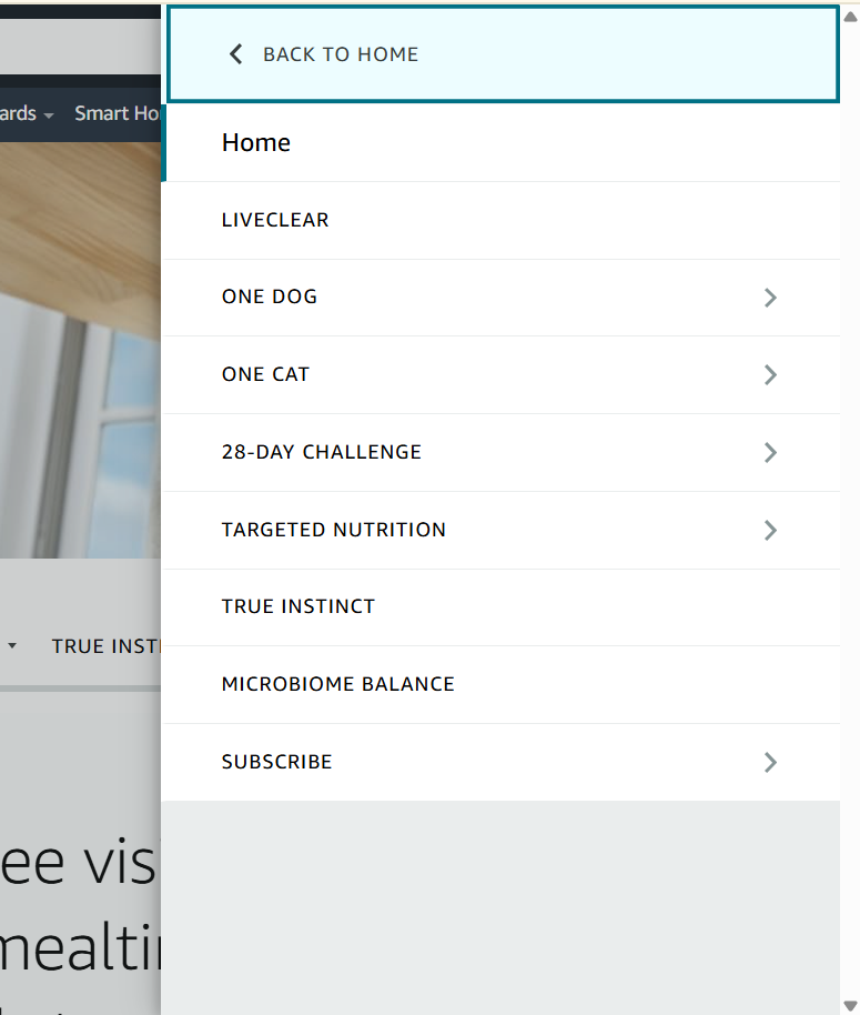 Dropdown menu showing subcategories